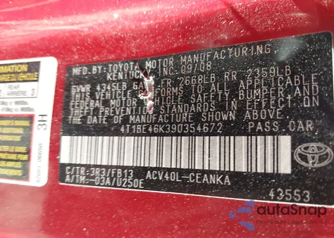 2009 Toyota Camry Le from USA, damaged, VIN 4T1BE46K39U354672